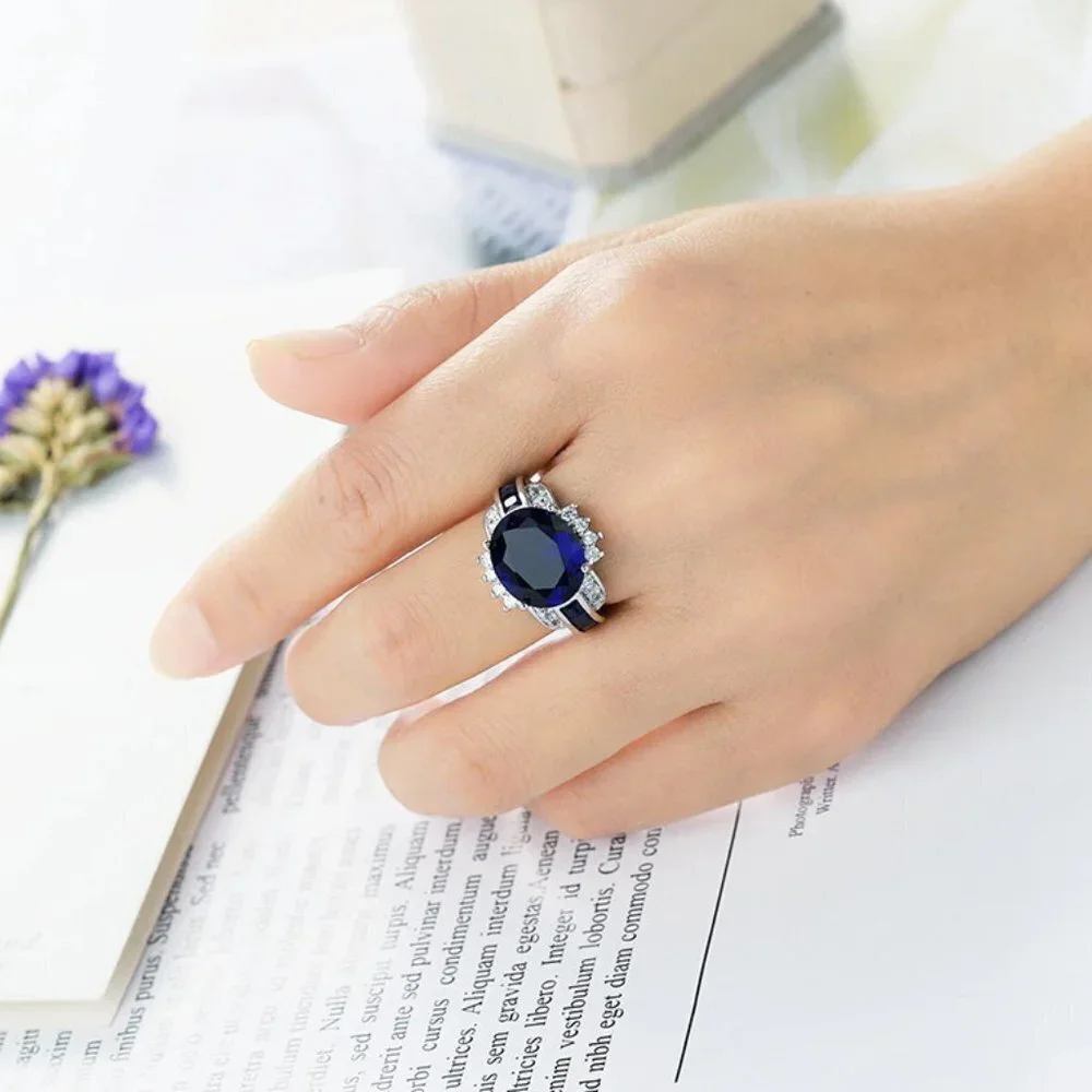 Jewelry ring statement blue sapphire 925 sterling silver engagement fashion new